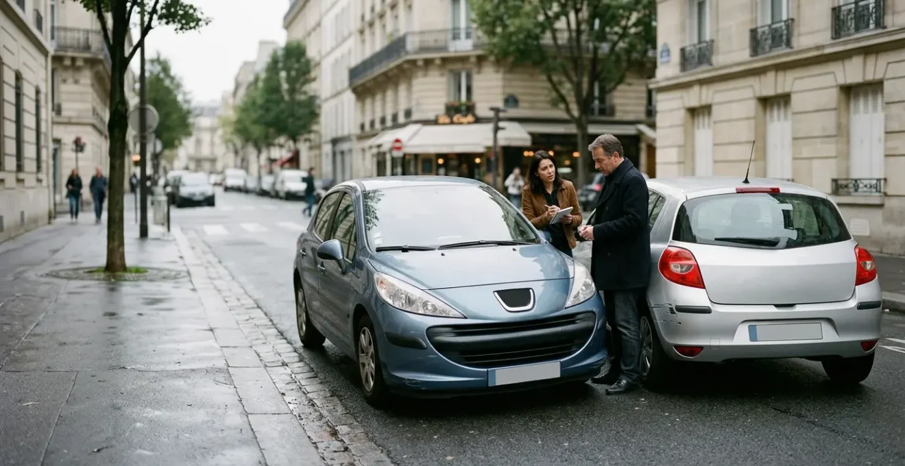 Deux véhicules après un léger accrochage dans un contexte urbain français
