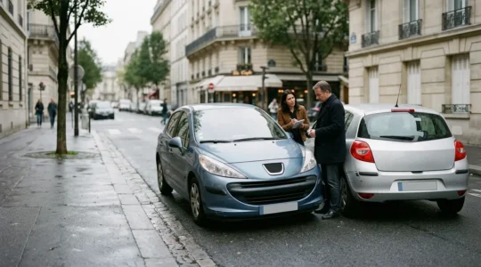 Deux véhicules après un léger accrochage dans un contexte urbain français