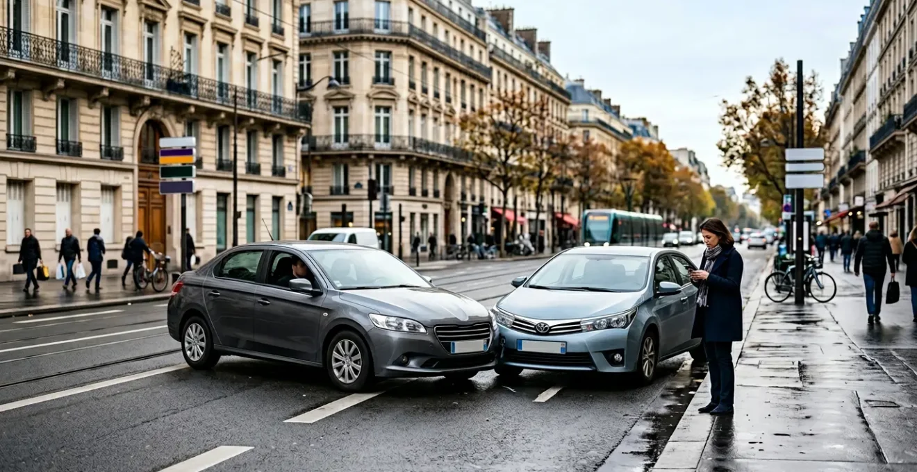 Scène d'un léger accrochage automobile sur une route urbaine française lors d'un trajet domicile-travail