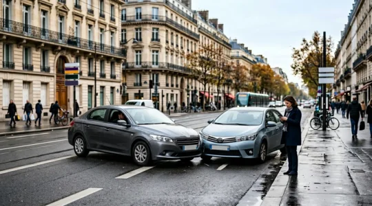 Scène d'un léger accrochage automobile sur une route urbaine française lors d'un trajet domicile-travail