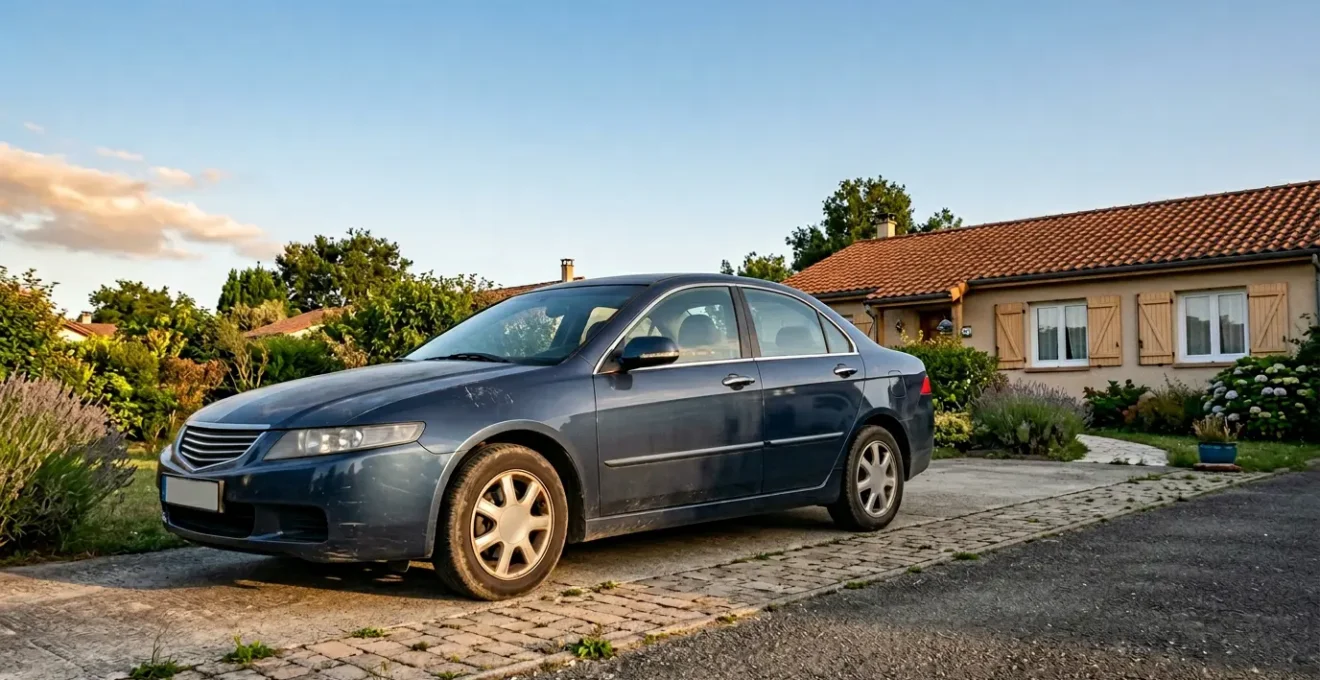 Berline compacte avec détails mécaniques suggérant l'âge et l'entretien nécessaire pour optimiser son assurance