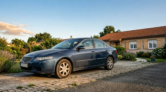 Berline compacte avec détails mécaniques suggérant l'âge et l'entretien nécessaire pour optimiser son assurance