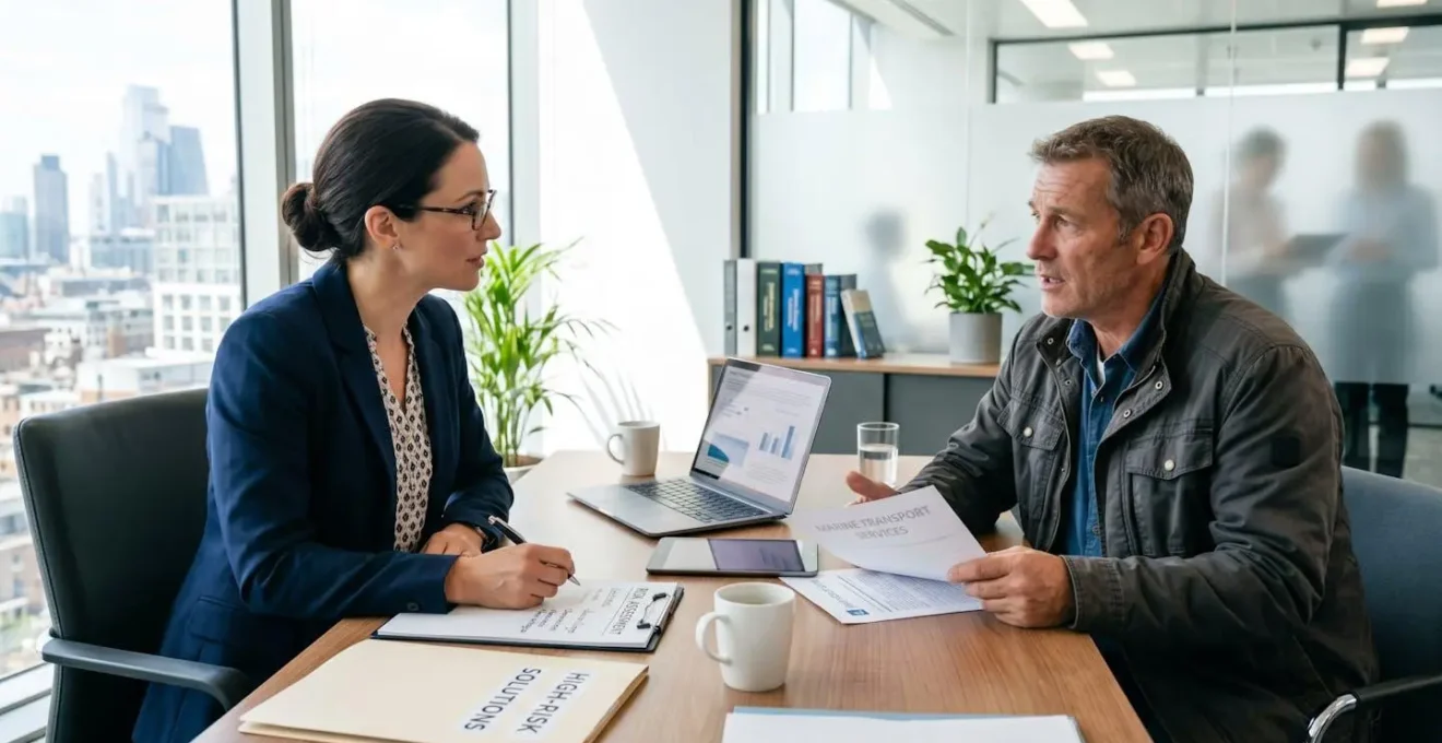 Conseiller en assurance spécialisé écoutant attentivement un client au profil à risque dans un bureau lumineux