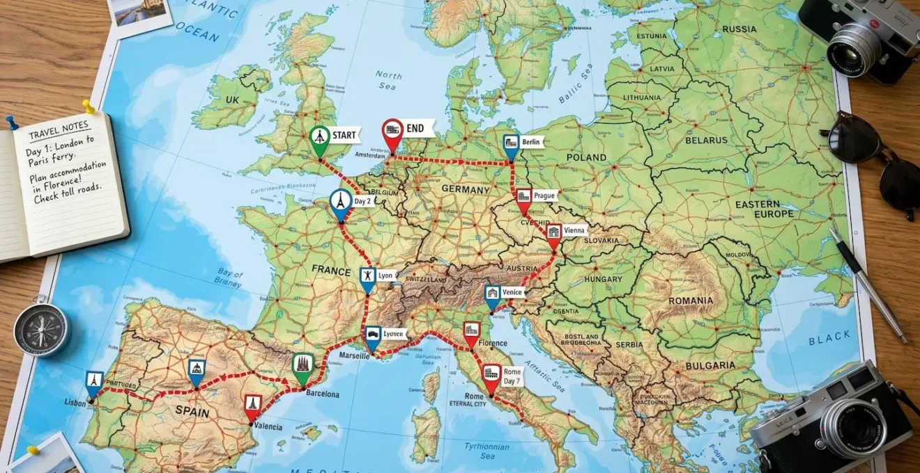 Vue aérienne d'une carte d'Europe avec des marqueurs d'itinéraire symbolisant la planification d'un road-trip