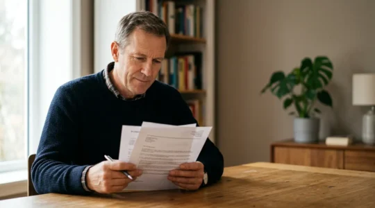 Conducteur déterminé consultant des documents d'assurance automobile pour retrouver une couverture après résiliation