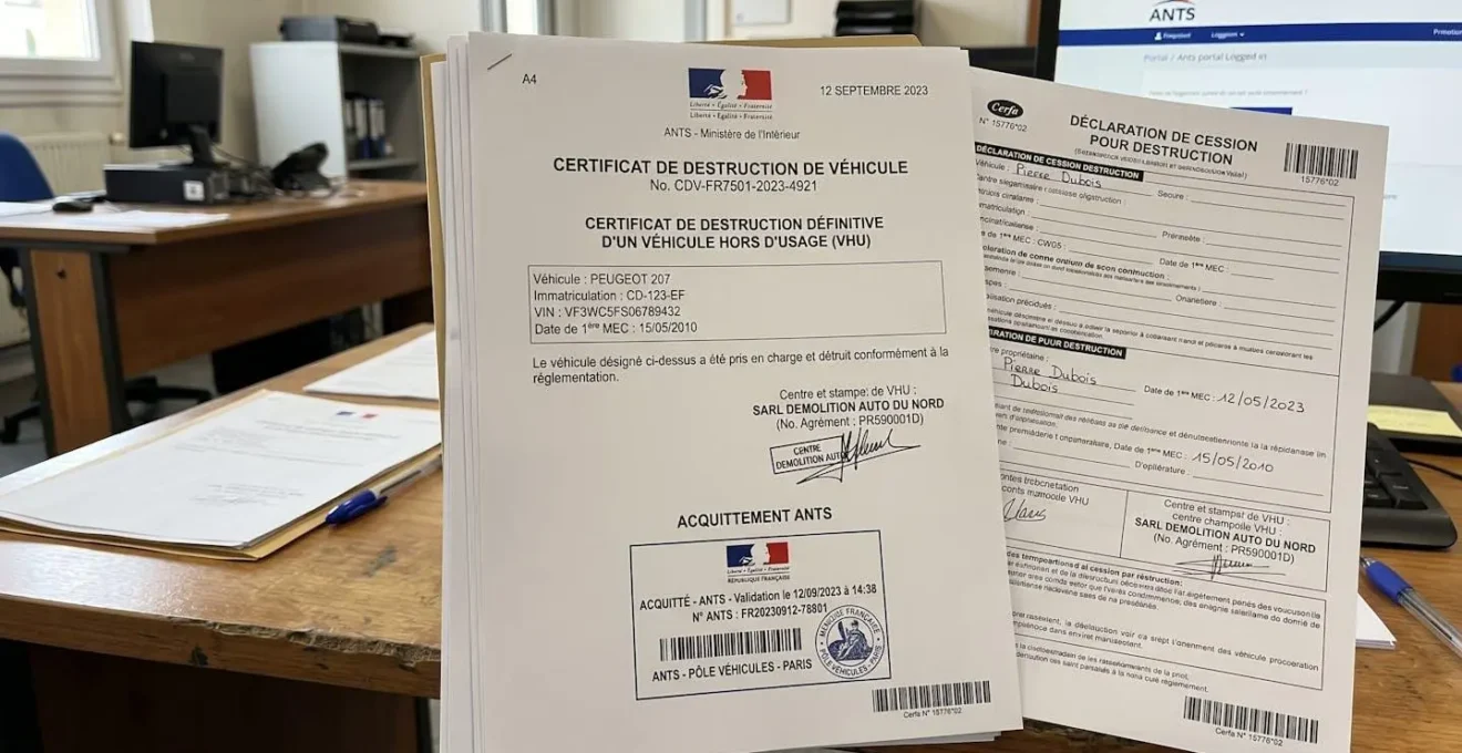 Documents officiels de destruction de véhicule avec accusé ANTS