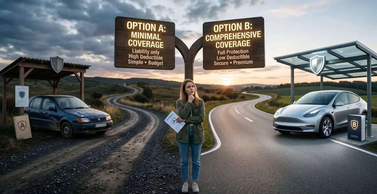 Dilemme de choix entre deux options d'assurance automobile symbolisé par des éléments visuels contrastés