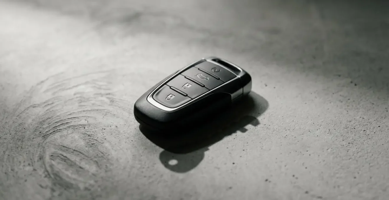 Clé de voiture sans contact moderne avec système keyless sur surface neutre