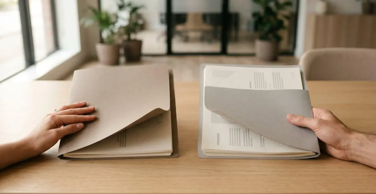 Deux mains tenant des documents contractuels côte à côte sur un bureau professionnel épuré