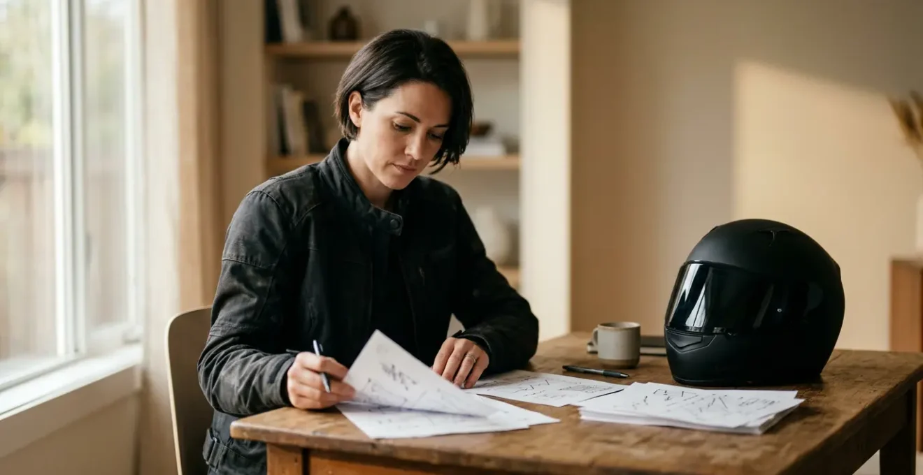 Conducteur motard consultant attentivement des documents d'assurance avec équipement de protection