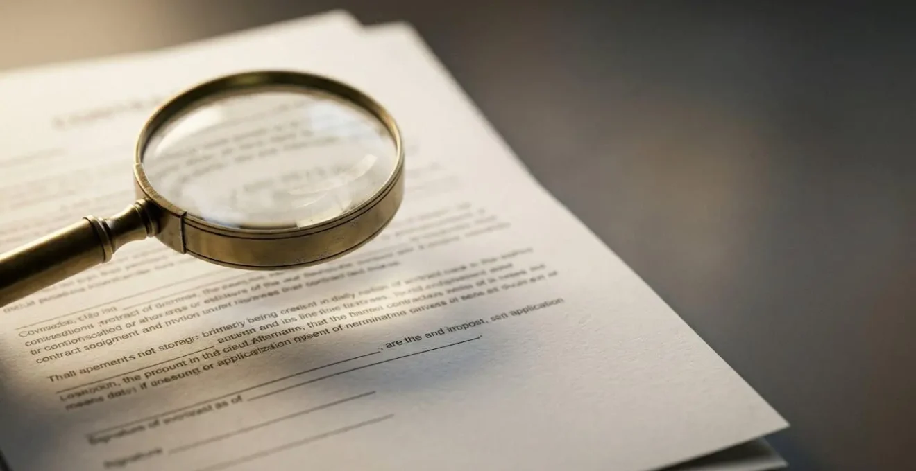 Gros plan sur un contrat d'assurance automobile avec des clauses mises en évidence par une loupe révélant les exclusions de garantie