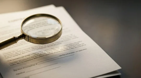 Gros plan sur un contrat d'assurance automobile avec des clauses mises en évidence par une loupe révélant les exclusions de garantie