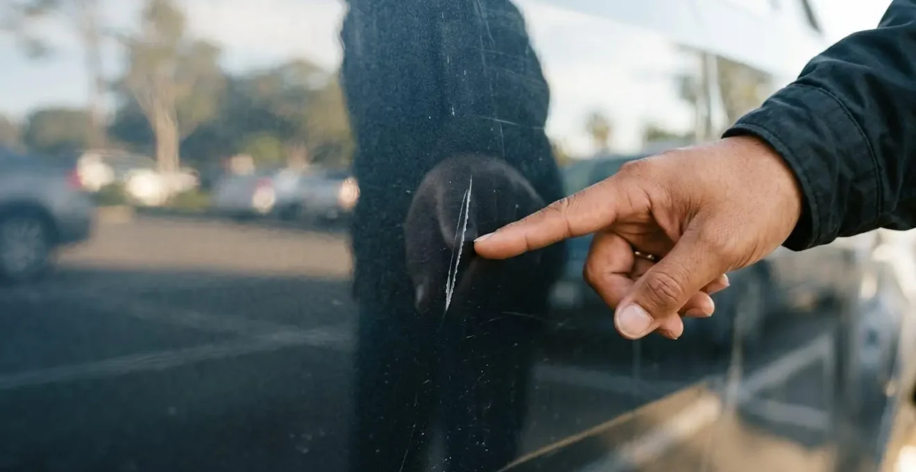 Main photographiant une rayure sur une carrosserie de voiture pour documenter la découverte d'un sinistre