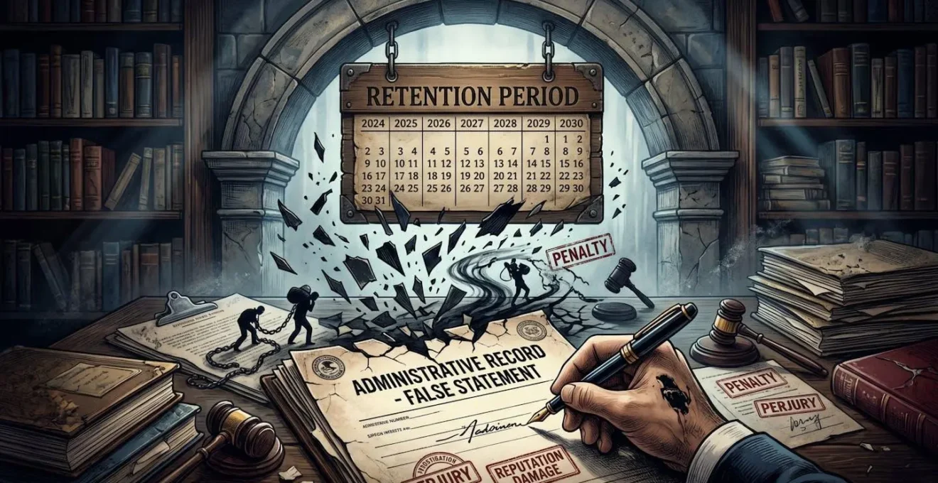 Représentation symbolique des conséquences d'une fausse déclaration avec des documents administratifs et un calendrier suggérant la durée de conservation
