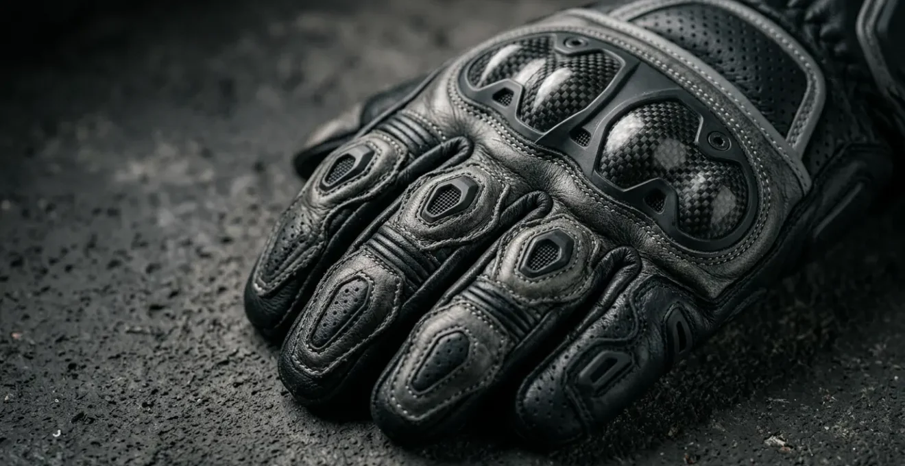 Gros plan sur des gants de moto certifiés CE avec étiquette de conformité visible