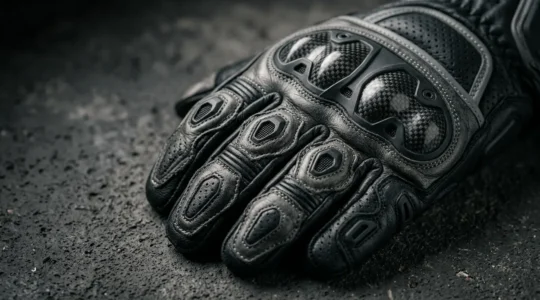 Gros plan sur des gants de moto certifiés CE avec étiquette de conformité visible