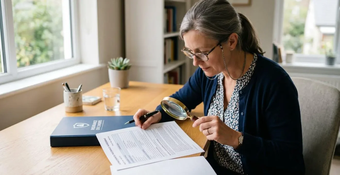 Personne examinant un contrat d'assurance avec une loupe sur un bureau epure