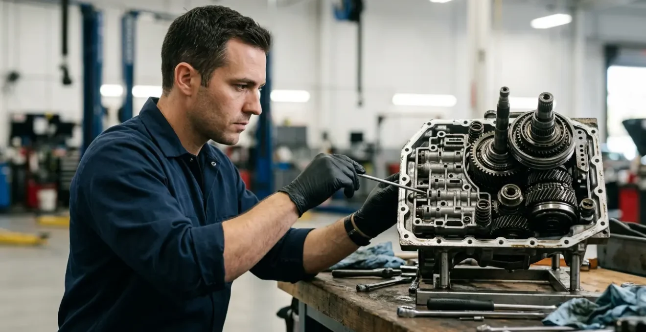 Mécanicien automobile examinant une boîte de vitesses démontée dans un atelier professionnel