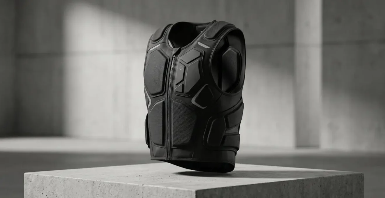 Détail d'un gilet airbag moto électronique posé sur une surface minimaliste