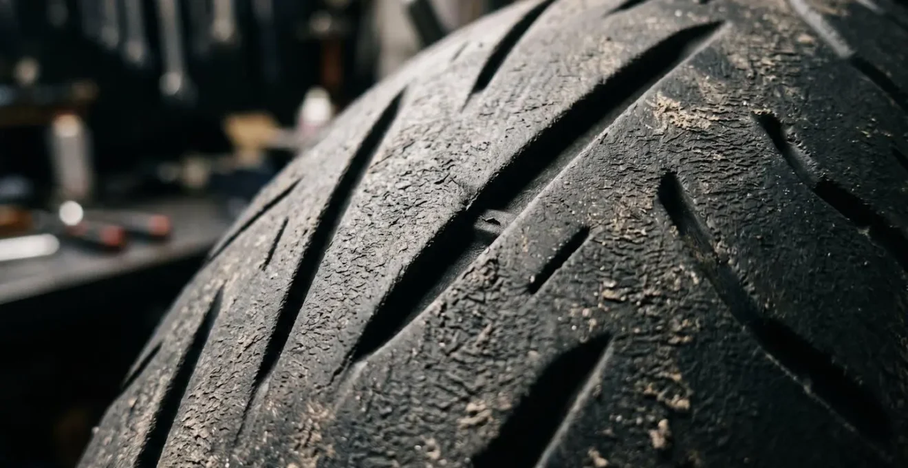 Gros plan macro sur les rainures usées d'un pneu de moto montrant les témoins d'usure