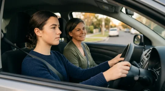Jeune conducteur au volant lors d'une séance de conduite accompagnée avec son accompagnateur