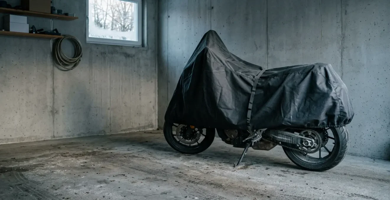 Moto garée dans un garage sombre sous une housse protectrice pendant la période hivernale