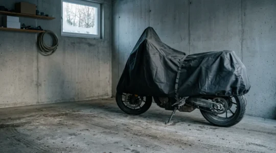 Moto garée dans un garage sombre sous une housse protectrice pendant la période hivernale