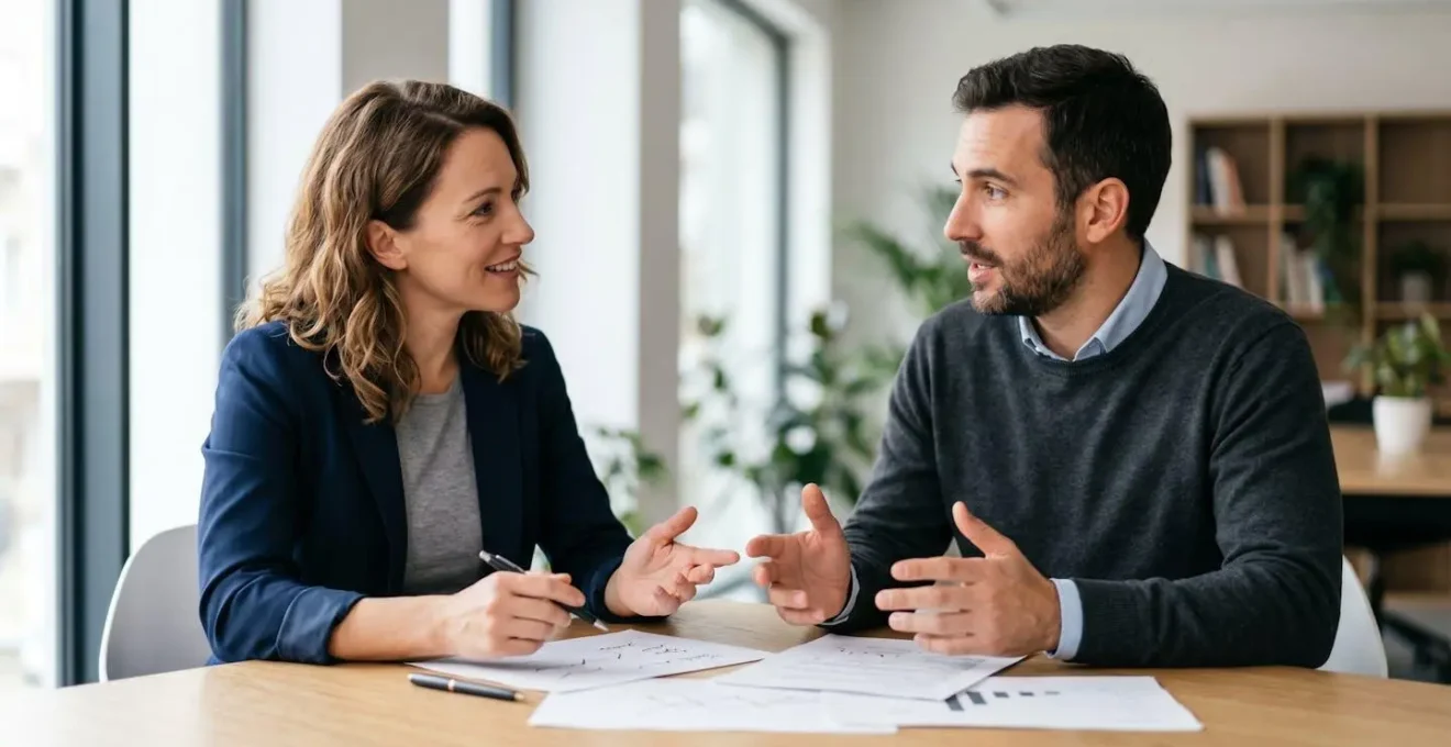 Interaction professionnelle entre un conseiller en assurance et un client discutant de documents