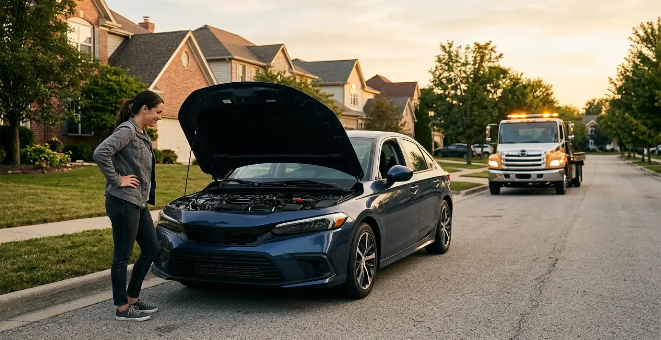 Automobiliste face à une voiture en panne devant son domicile bénéficiant d'une assistance dépannage immédiate