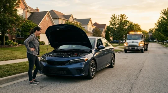 Automobiliste face à une voiture en panne devant son domicile bénéficiant d'une assistance dépannage immédiate