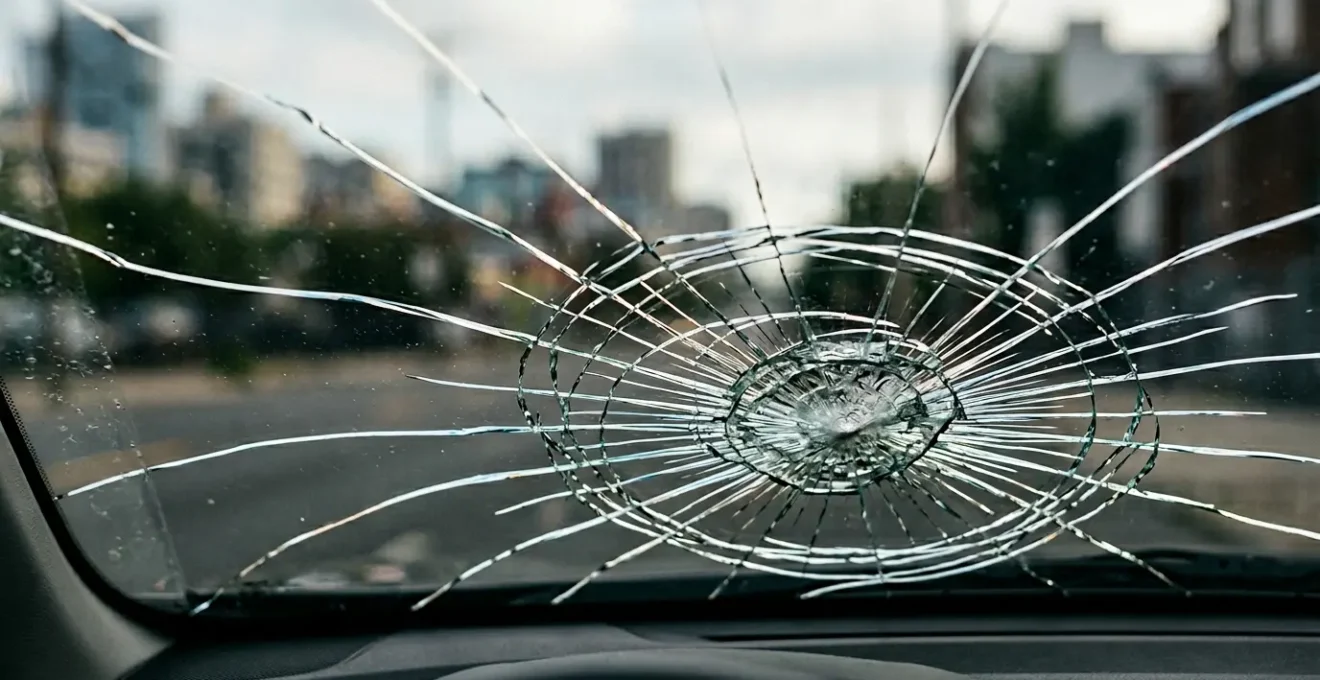 Pare-brise de voiture présentant un impact et des fissures suite à un bris de glace
