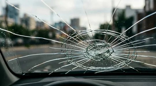 Pare-brise de voiture présentant un impact et des fissures suite à un bris de glace