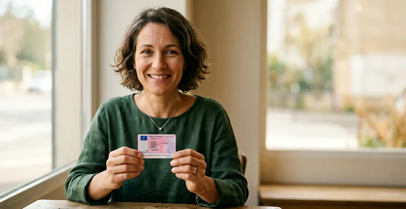 Personne mature tenant fièrement son permis de conduire avec expression de soulagement et determination