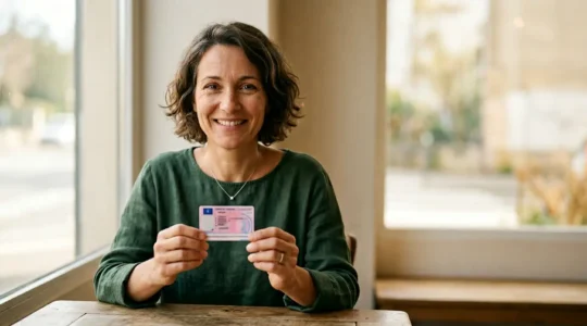 Personne mature tenant fièrement son permis de conduire avec expression de soulagement et determination