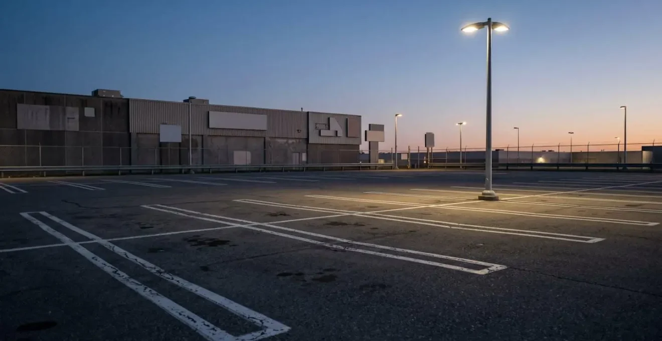 Composition minimaliste et contemplative d'un parking public vide à la tombée de la nuit avec éclairage urbain tamisé