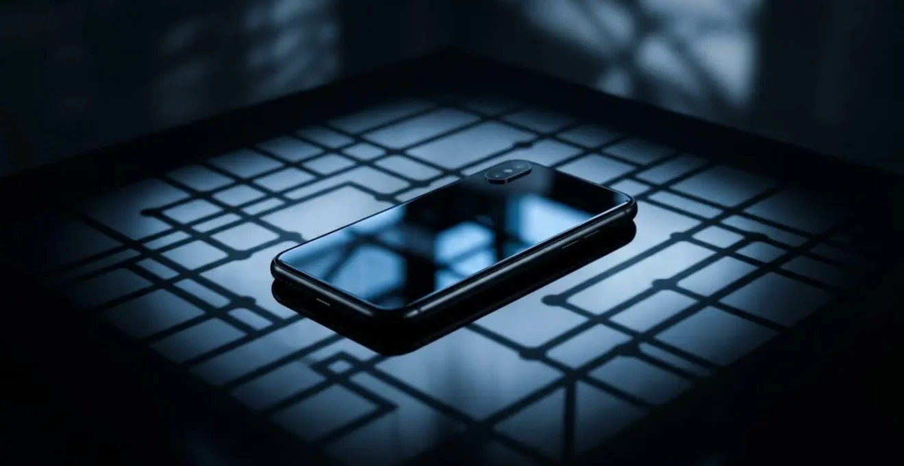 Téléphone mobile posé sur une surface avec reflets suggérant la surveillance numérique et la vulnérabilité des données personnelles.
