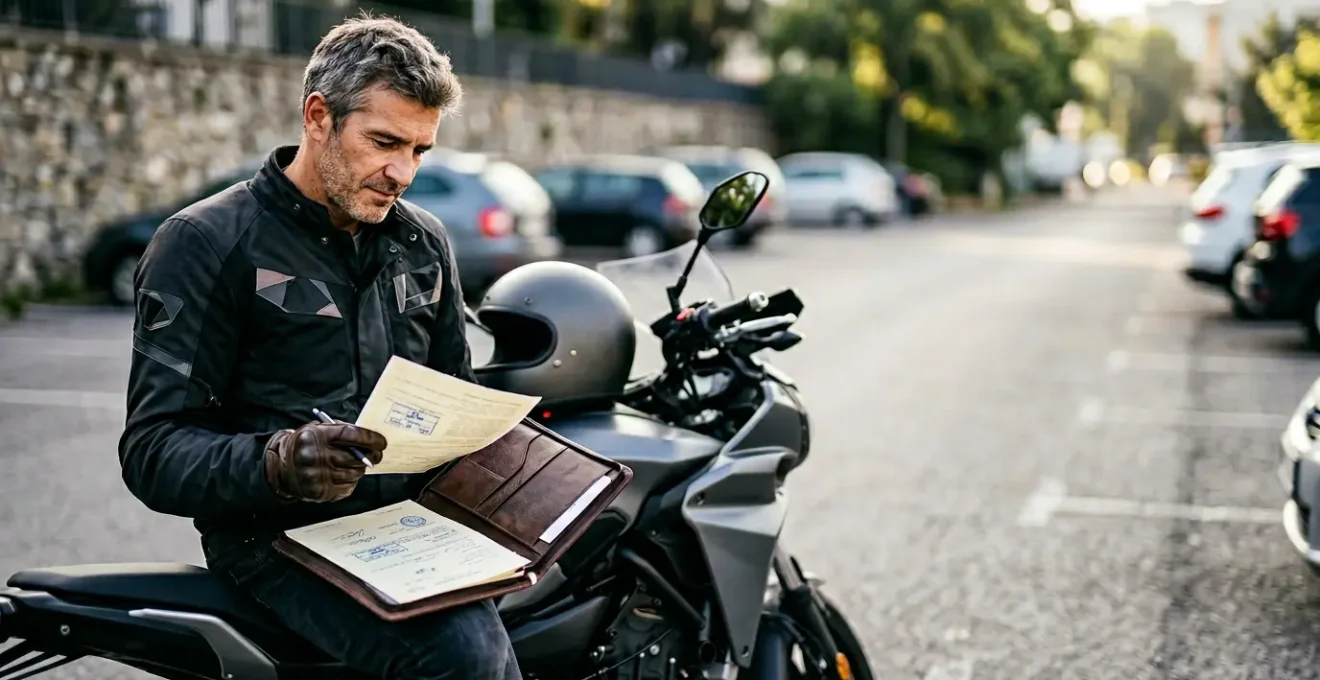 Motard reprenant la route après une interruption avec documents d'assurance