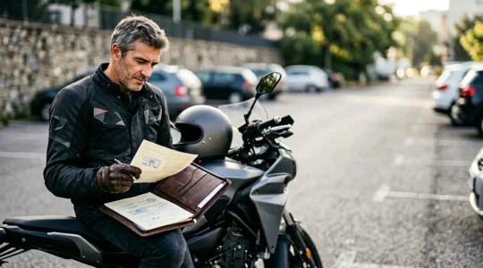 Motard reprenant la route après une interruption avec documents d'assurance