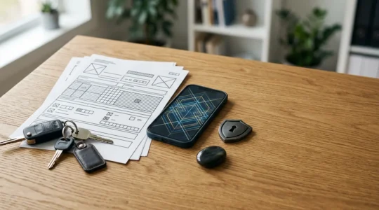 Documents d'assurance automobile et preuves de vol organisés sur un bureau