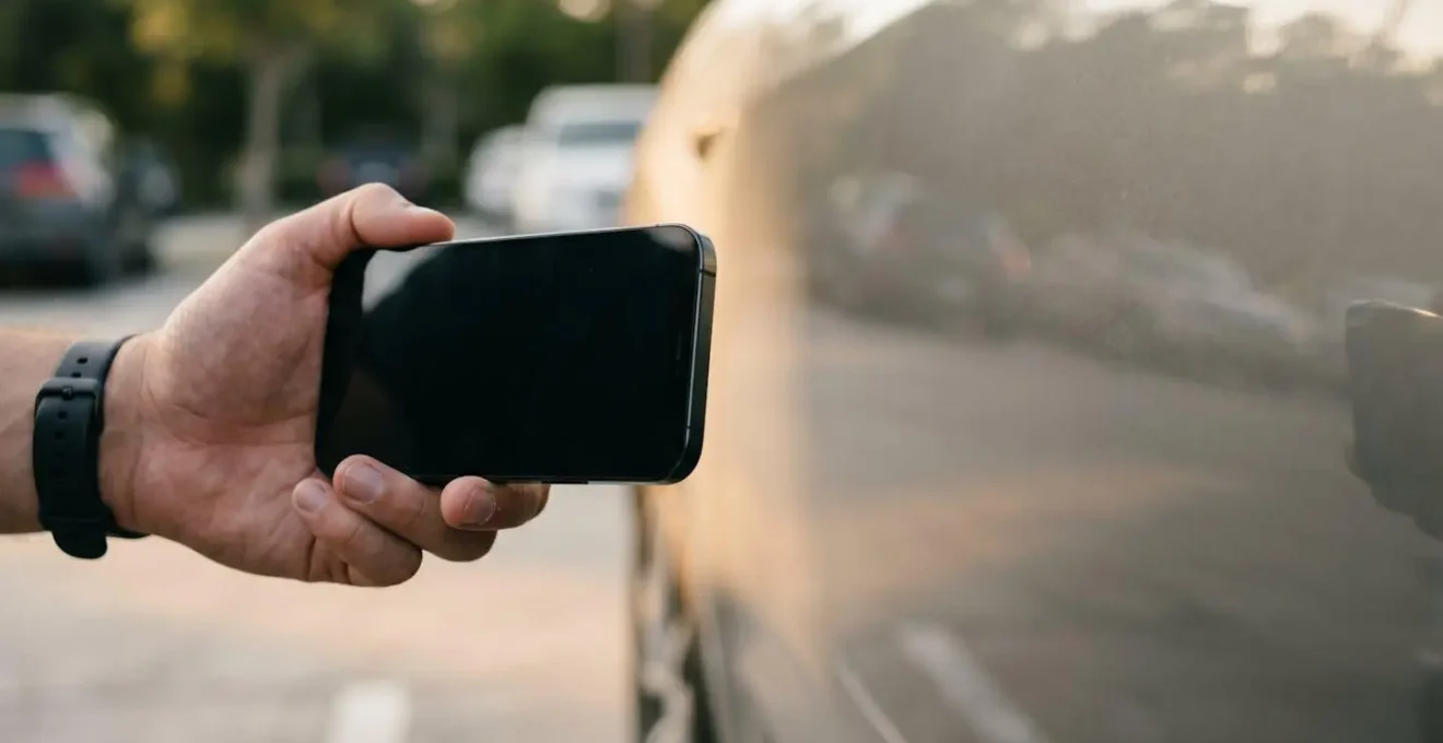 Main tenant un smartphone photographiant l'extérieur d'une voiture