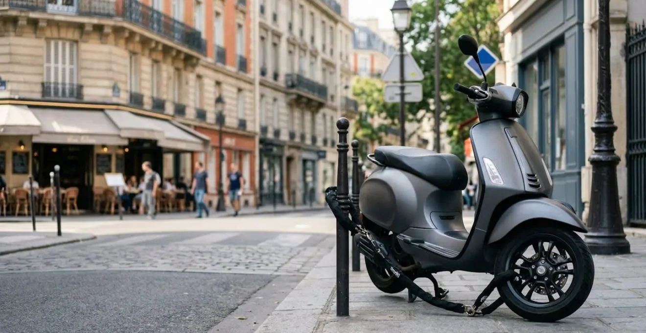Scooter urbain moderne sécurisé avec dispositif antivol dans environnement urbain français