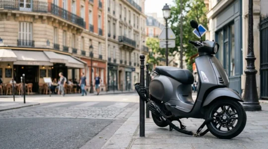Scooter urbain moderne sécurisé avec dispositif antivol dans environnement urbain français