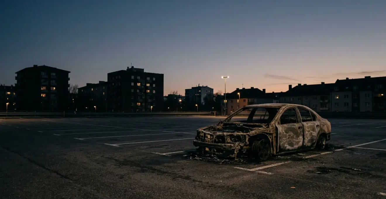 Carcasse de voiture brûlée sur parking urbain au crépuscule révélant l'ampleur des dommages après un incendie