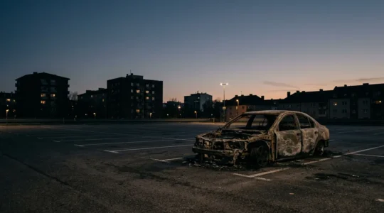 Carcasse de voiture brûlée sur parking urbain au crépuscule révélant l'ampleur des dommages après un incendie