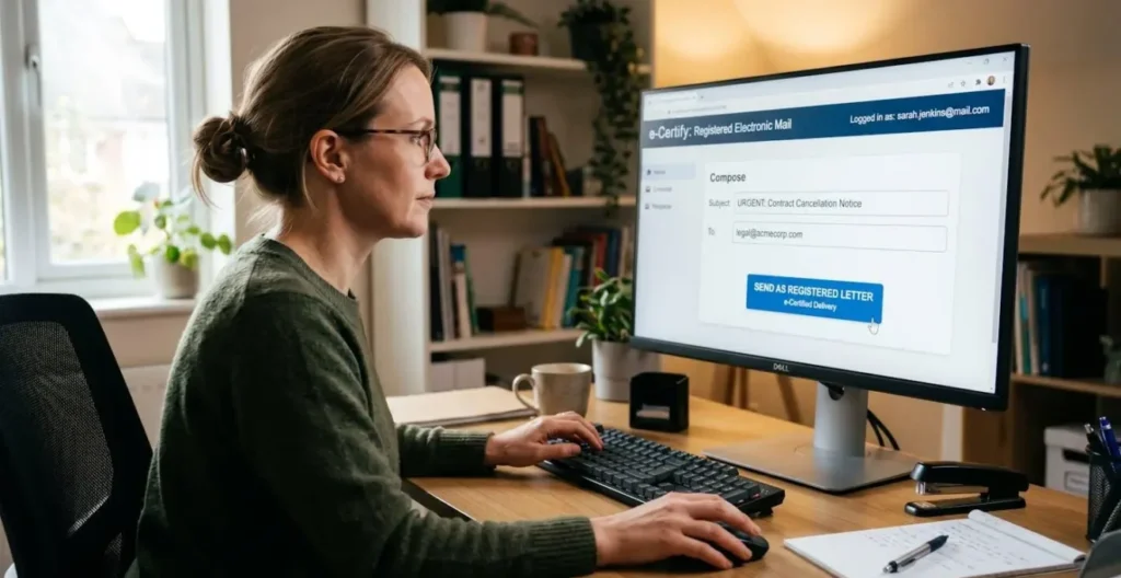 Personne utilisant un ordinateur pour envoyer une lettre recommandée électronique Personne utilisant un ordinateur pour envoyer une lettre recommandée électronique